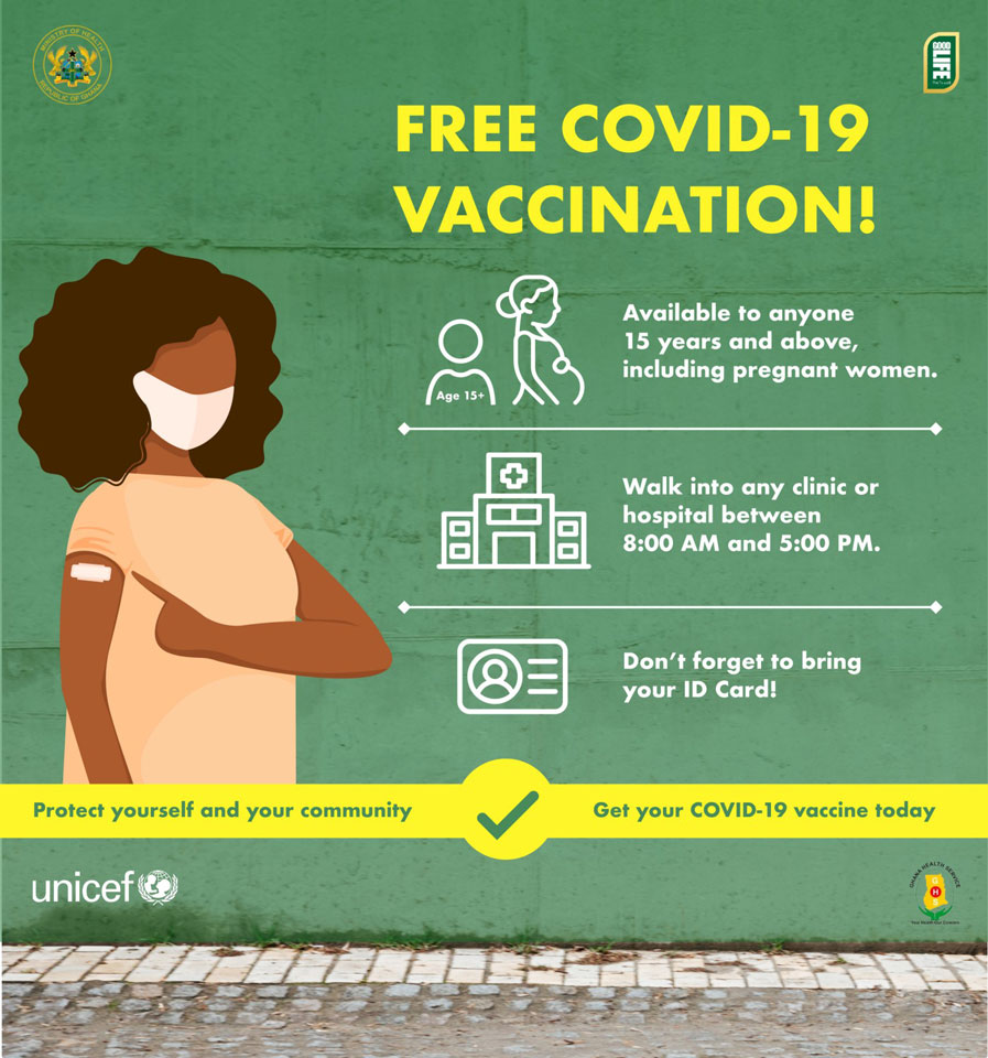 A digital mockup of a mural on the side of a wall, depicting a woman wearing a mask and pointing to a band-aid on her upper arm. There is text that reads "Free COVID-19 Vaccination! Available to anyone 15 years and above, including pregnant women. Walk into any clinic or hospital between 8:00 AM and 5:00 PM. Don't forget to bring your ID card!" on a green background. A yellow line across the mural has text that reads, "Protect yourself and your community. Get your COVID-19 vaccine today."